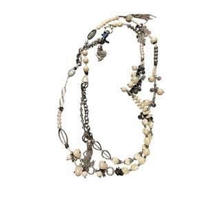 Treska Long Multi Strand Faux Pearl Beaded Tassel Necklace Gunmetal Cream Boho